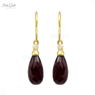 Dangle Fish Hook Earrings With 15x7mm Red Garnet And Diamond Earrings In 14k Yellow Gold