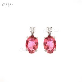 Two Stone Handmade Studs With 1.7 Ct Pink Tourmaline Diamond Earrings In 14k White Gold