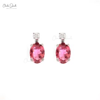 Two Stone Handmade Studs With 1.7 Ct Pink Tourmaline Diamond Earrings In 14k White Gold