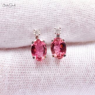 Two Stone Handmade Studs With 1.7 Ct Pink Tourmaline Diamond Earrings In 14k White Gold