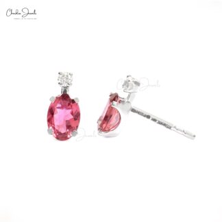 Two Stone Handmade Studs With 1.7 Ct Pink Tourmaline Diamond Earrings In 14k White Gold