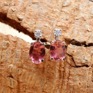 Two Stone Handmade Studs With 1.7 Ct Pink Tourmaline Diamond Earrings In 14k White Gold