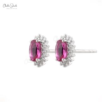 Diamond Halo Earrings In Pure 14k White Gold Pink Tourmaline Hallmarked Studs For Her