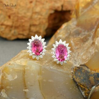 Diamond Halo Earrings In Pure 14k White Gold Pink Tourmaline Hallmarked Studs For Her