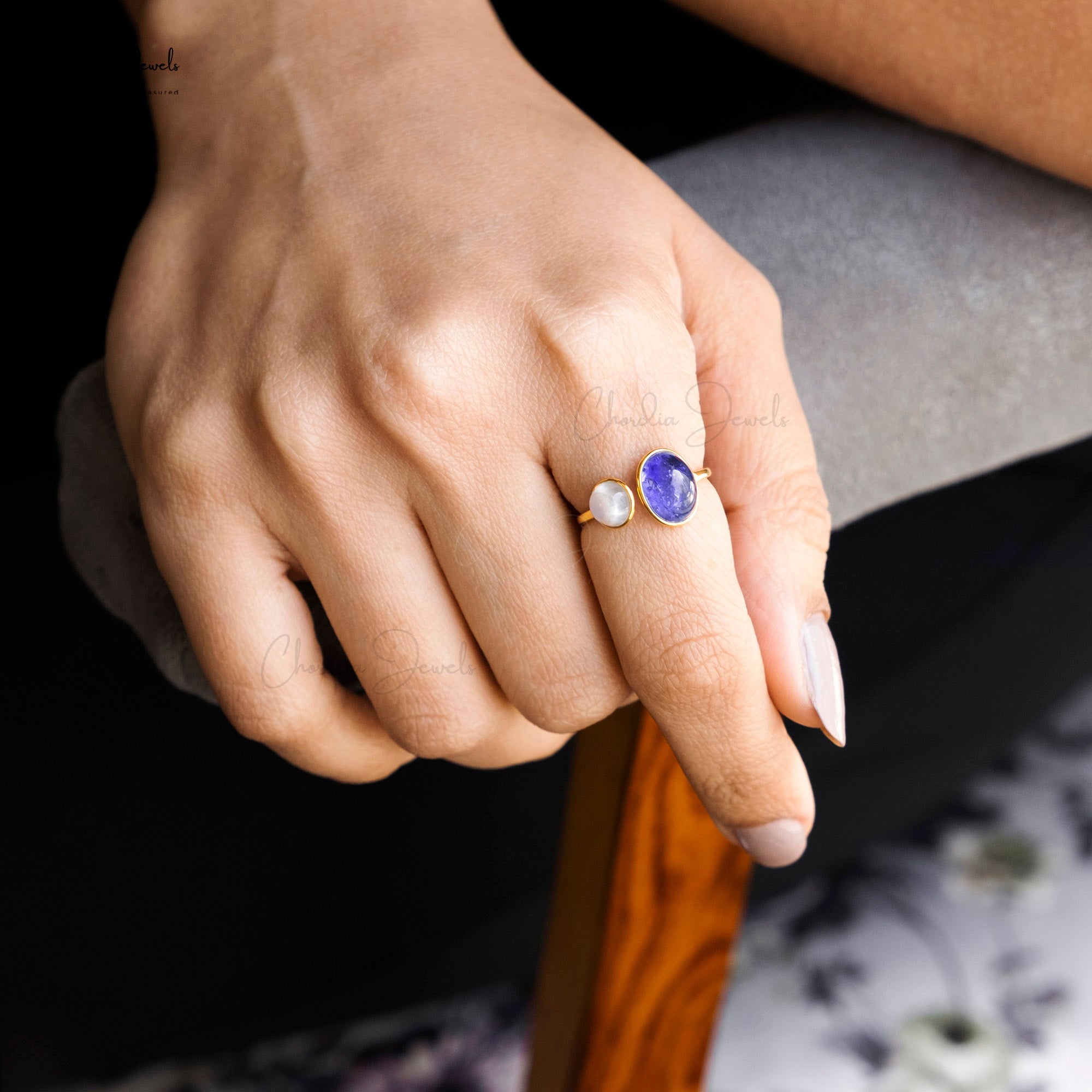 14k Yellow Gold Split Shank Tanzanite Ring Genuine Rainbow Moonstone Cuff Ring