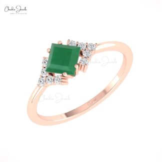 Half Halo Wedding Ring In 14k Solid Gold Zambian Emerald G-H Diamond Pave Rings