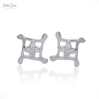 Cluster Basic Stud With 0.14 Ct Small Diamond 14k Real White Gold 4 Stone Earrings