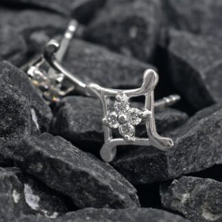 Cluster Basic Stud With 0.14 Ct Small Diamond 14k Real White Gold 4 Stone Earrings