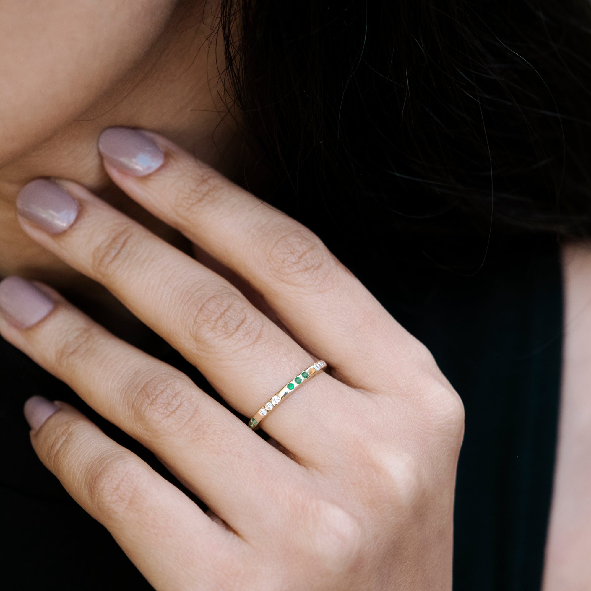 Flush Set Diamond Ring In 14k Yellow Gold Emerald 1.50mm Gemstone Minimal Rings For Her