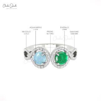 Two Halo Diamond Ring With 5mm Emerald And Aquamarine Gemstone Rings In 14k Real Gold