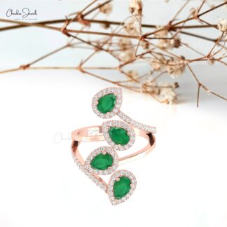Pear Halo Wrap Ring With 6x4mm Emerald And Diamond Cocktail Bridal Ring In 14k Pure Gold