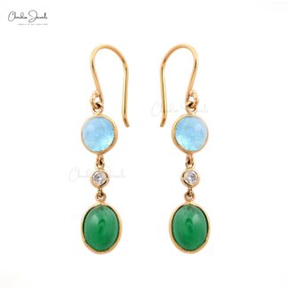 Solid 14k Yellow Gold 3 Stone Earring With 2.62 Ct Emerald And Aquamarine Dangle Earrings
