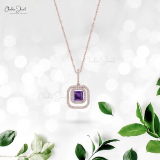 Square Amethyst & Diamond Double Halo Ring In 14k Real Gold