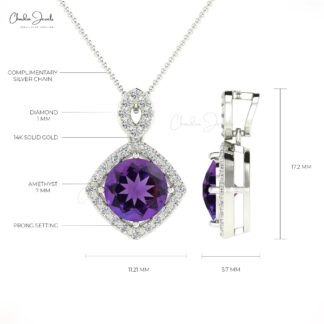 Gemstone Halo Pendant In 14k Solid Gold Amethyst 7mm Round And Diamond Hallmarked Necklace
