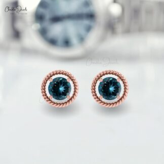 Single Round Cut Spiral Studs With 5mm London Blue Topaz 14k Solid Gold Solitaire Earrings
