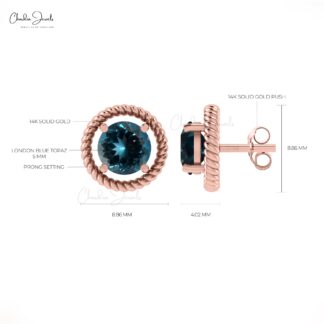 Single Round Cut Spiral Studs With 5mm London Blue Topaz 14k Solid Gold Solitaire Earrings