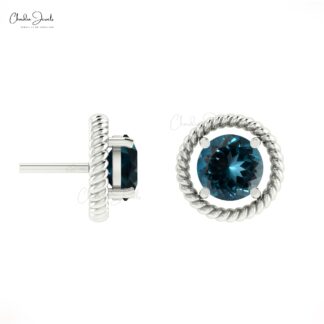 Single Round Cut Spiral Studs With 5mm London Blue Topaz 14k Solid Gold Solitaire Earrings