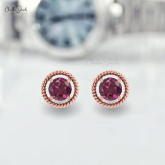 Solid 14k Gold Solitaire Studs With 5mm Rhodolite Garnet January Birthstone Spiral Earrings