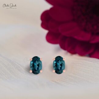 Oval Cut Solitaire Studs In 14k Solid Gold London Blue Topaz Push Back Earrings For Her