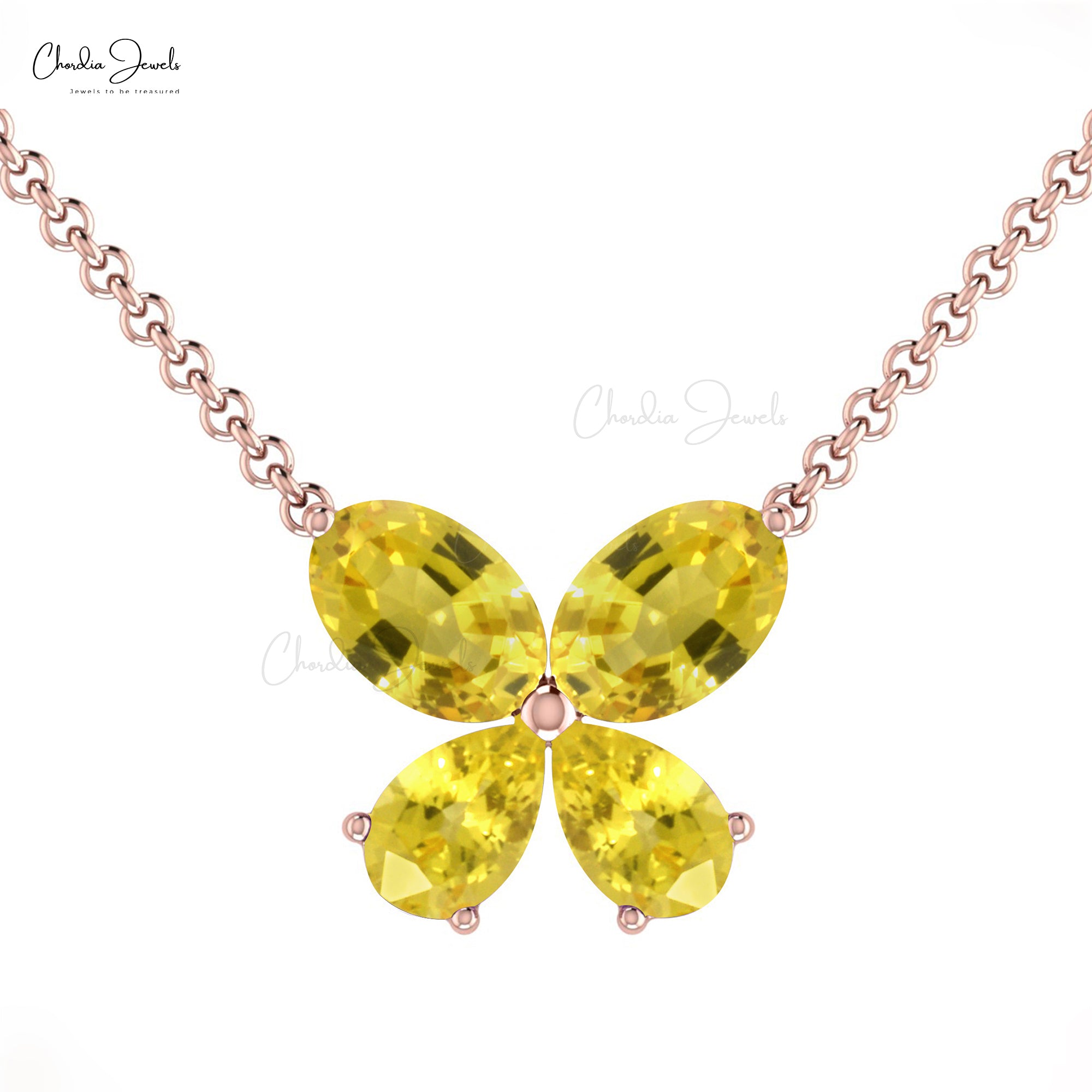 Real 14k Gold 4 Stone Necklace With 1.3 Ct Yellow Sapphire Butterfly Chain Necklaces