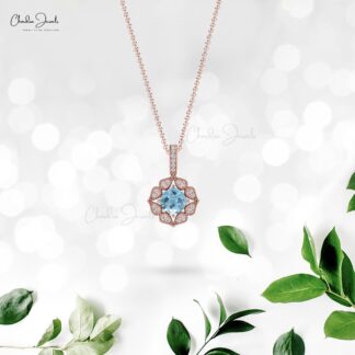 Art Deco Cluster Pendant In 14k Pure Gold Aquamarine 6mm Cushion And Halo Diamond Necklace