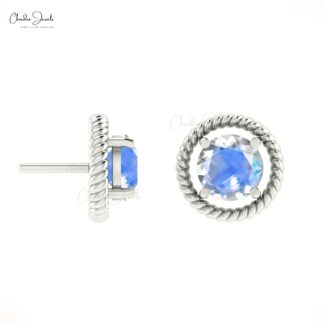 Real 14k Gold Spiral Stud Earrings With 5mm Rainbow Moonstone Solitaire Push Back Studs