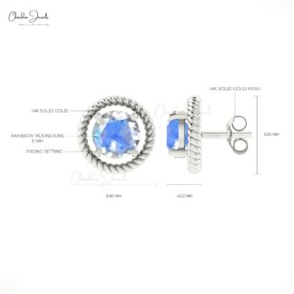 Real 14k Gold Spiral Stud Earrings With 5mm Rainbow Moonstone Solitaire Push Back Studs