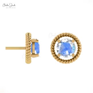 Real 14k Gold Spiral Stud Earrings With 5mm Rainbow Moonstone Solitaire Push Back Studs