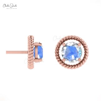 Real 14k Gold Spiral Stud Earrings With 5mm Rainbow Moonstone Solitaire Push Back Studs