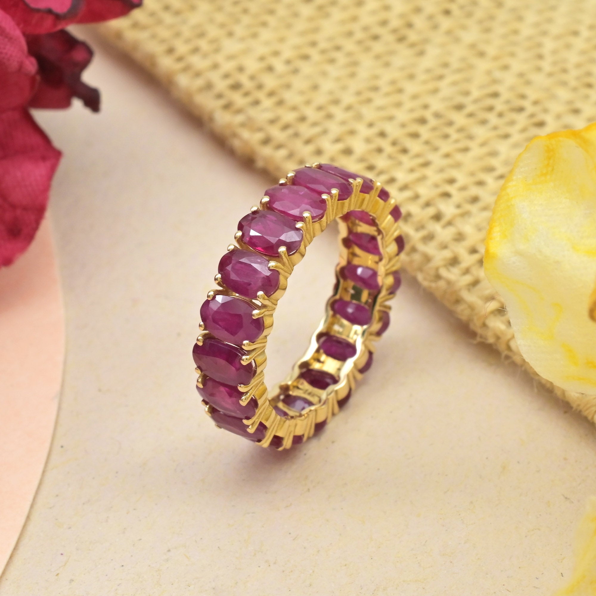 IGI Certified Full Eternity Band With 5x3mm Ruby Prong Set In 14k Yellow Gold Ring Size US6