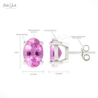 Solitaire Handmade Earring With 6x4mm Pink Sapphire Prong Set Studs In 14k Pure Gold