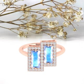 Gemstone Halo Ring In 14k Solid Gold Rainbow Moonstone 8x4mm And Diamond Wedding Ring