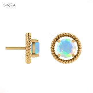 Solid 14k Gold Solitaire Studs With 5mm Opal Round Cut Push Back Minimal Earrings