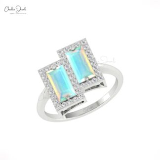 Baguette Statement Ring With Fire Opal And G-H Diamond Halo Rings In 14k Solid Gold