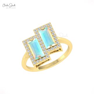 Baguette Statement Ring With Fire Opal And G-H Diamond Halo Rings In 14k Solid Gold