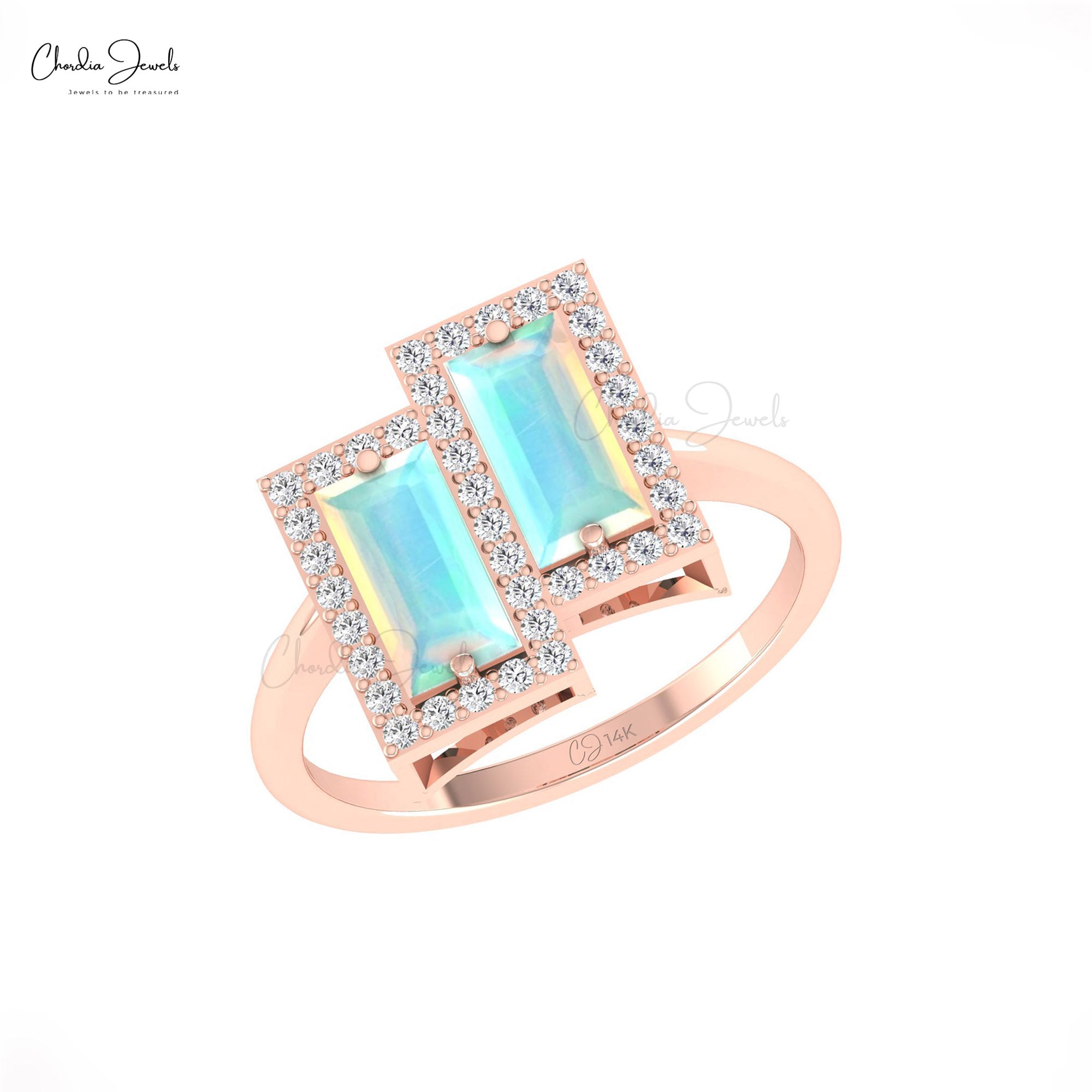 Baguette Statement Ring With Fire Opal And G-H Diamond Halo Rings In 14k Solid Gold