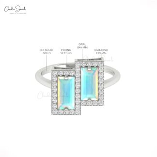 Baguette Statement Ring With Fire Opal And G-H Diamond Halo Rings In 14k Solid Gold
