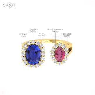 Real 14k Gold Open Cuff Ring With 6x4mm Pink Tourmaline And Tanzanite Halo Diamond Ring