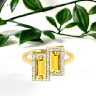 Real 14k Gold Dual Halo Ring With 1.8 Ct Baguette Citrine And Diamond Hallmark Bridal Rings