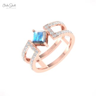 Split Shank Rainbow Moonstone Dual Band With Pave Diamond 14k Real Gold Minimalist Ring