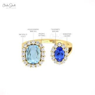 Double Halo Tanzanite Ring In 14k Real Gold Aquamarine And Diamond Open Cuff Wedding Ring