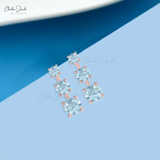 Triple Aquamarine Earrings In 14k Solid Gold Gemstone 1.68 Ct Round Cut Unique Studs