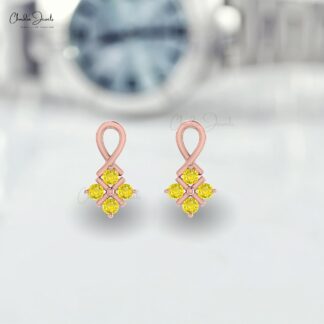 Cluster Four Stone Studs In 14k Solid Gold Yellow Sapphire Twisted Minimalist Earrings