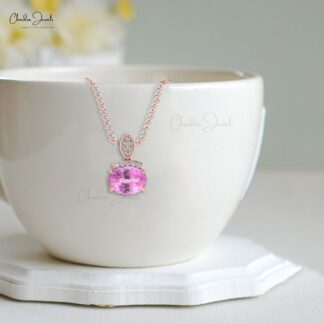 Dangle Oval Cut Pendant With 8x6mm Pink Sapphire And Diamond 14k Pure Gold Pendants