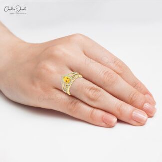 Gemstone Split Shank Ring With 8x6mm Citrine And Halo Diamond Pave In 14k Real Gold Ring