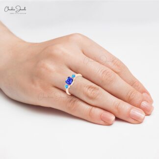 Cushion Tanzanite Combination Ring With 3mm Swiss Blue Topaz Beze Set In 14k Gold Rings