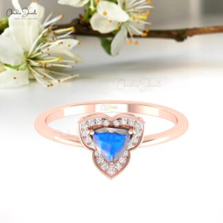 Genuine Rainbow Moonstone Halo Ring With Diamond Pave In 14k Solid Gold Minimal Jewelry