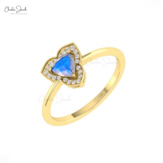 Genuine Rainbow Moonstone Halo Ring With Diamond Pave In 14k Solid Gold Minimal Jewelry