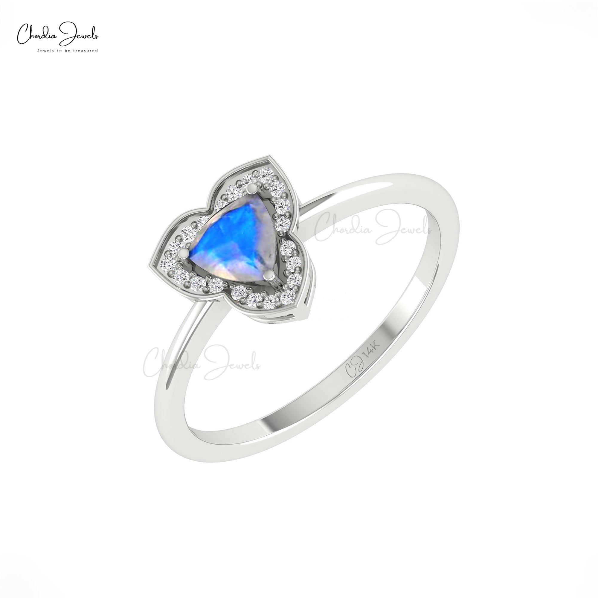 Genuine Rainbow Moonstone Halo Ring With Diamond Pave In 14k Solid Gold Minimal Jewelry
