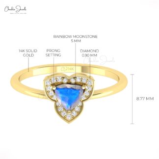 Genuine Rainbow Moonstone Halo Ring With Diamond Pave In 14k Solid Gold Minimal Jewelry